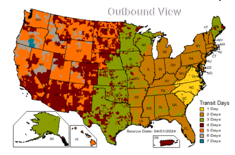 Ground transit-time map from Raleigh, NC: 1 day to NC, SC and VA, 2 days to most of the East Coast