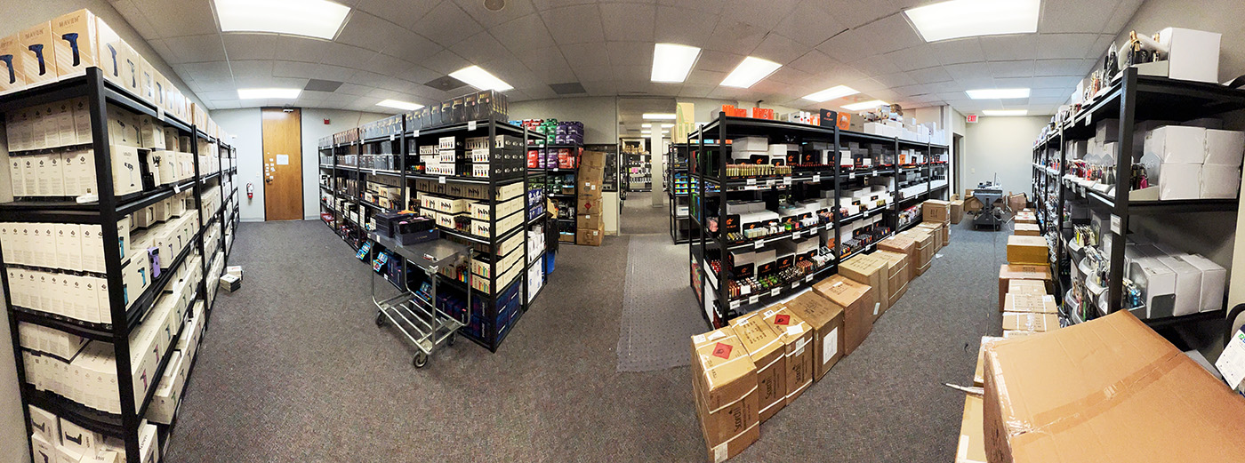 Showroom shelves stocked with smoke-shop products