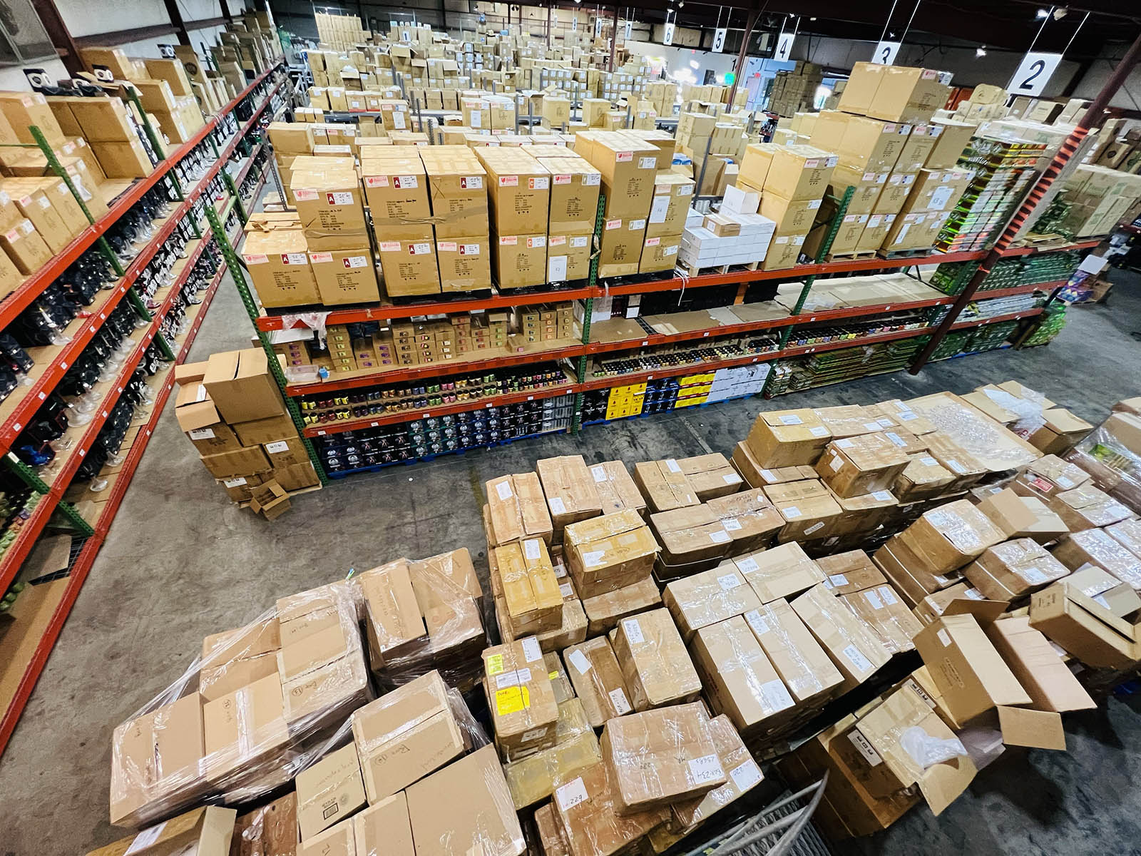 Pallets of wholesale stock in the BFG Distribution warehouse, Raleigh NC