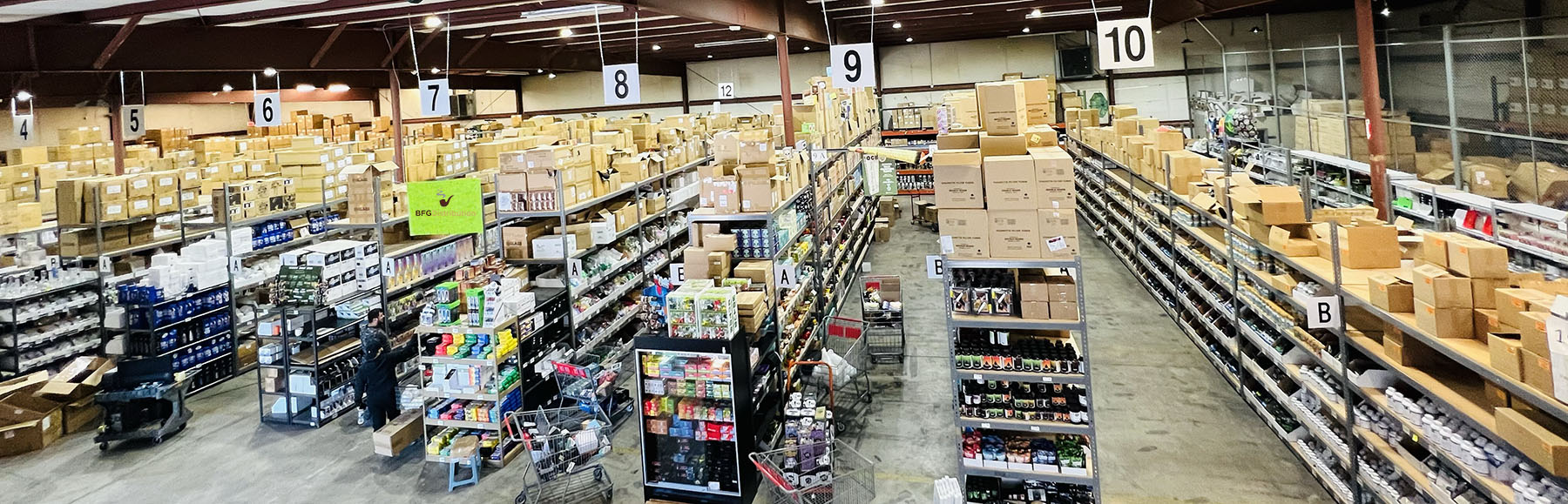 Inside the BFG Distribution warehouse in Raleigh, NC — aisles of wholesale stock