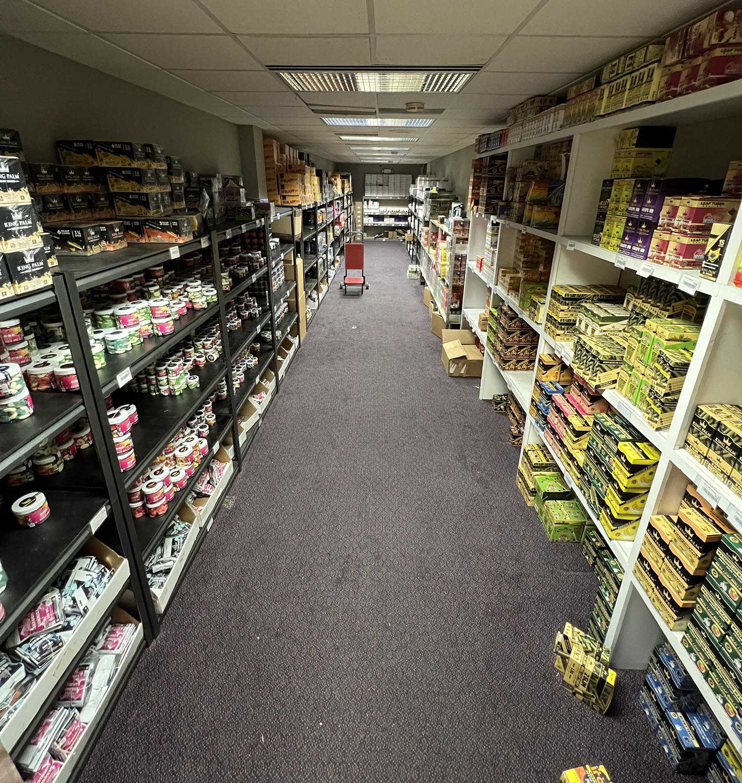Aisle of boxed products at BFG Distribution