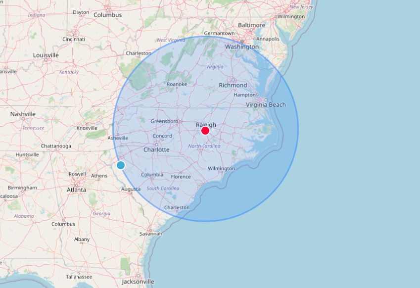 BFG local delivery area: 200-mile radius around Raleigh, NC