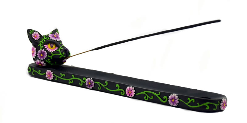 IAC 002679 BLACK DAY OF THE DEAD CAT INCENSE BURNER