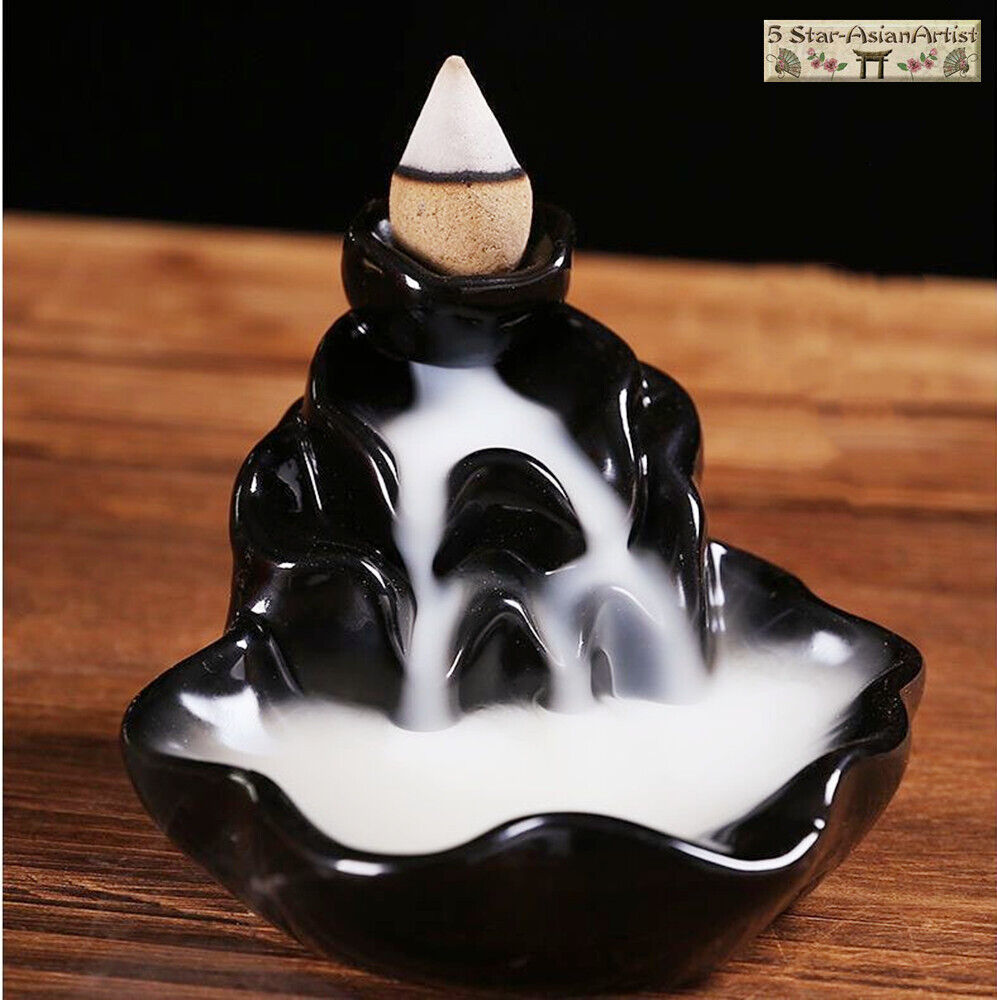 IAC 003213 BLACK CERAMIC WIDE STEPS BACK FLOW INCENSE BURNER